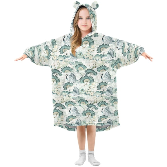 Dailycode Wearable Blanket Hoodie Oversized Sherpa Flannel Blankets with Pocket for 3-14 Year Old Chinese Cranes Birds and Flowers