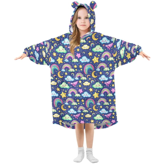 Dailycode Wearable Blanket Hoodie Oversized Sherpa Flannel Blankets with Pocket for 3-14 Year Old Cloud Rainbow Star Moon