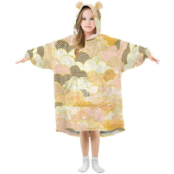 Dailycode Wearable Blanket Hoodie Oversized Sherpa Flannel Blankets with Pocket for 3-14 Year Old Clouds with Textures