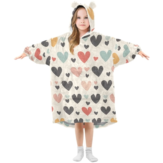 Dailycode Wearable Blanket Hoodie Oversized Sherpa Flannel Blankets with Pocket for 3-14 Year Old Colorful Heart