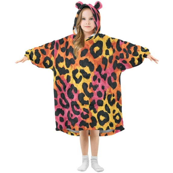 Dailycode Wearable Blanket Hoodie Oversized Sherpa Flannel Blankets with Pocket for 3-14 Year Old Colorful Leopard Print