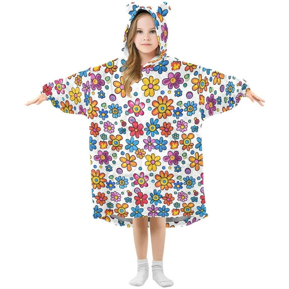 Dailycode Wearable Blanket Hoodie Oversized Sherpa Flannel Blankets with Pocket for 3-14 Year Old Colorful Little Flower