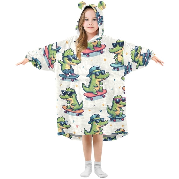 Dailycode Wearable Blanket Hoodie Oversized Sherpa Flannel Blankets with Pocket for 3-14 Year Old Cool Crocodile with Skateboard