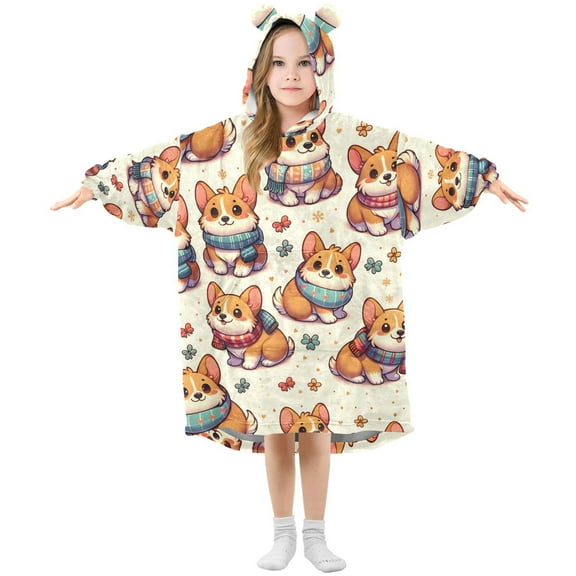 Dailycode Wearable Blanket Hoodie Oversized Sherpa Flannel Blankets with Pocket for 3-14 Year Old Corgi Dog Wearing Scarves