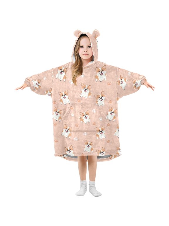 Wearable Blanket Hoodie Oversized Sherpa Flannel Blankets with Pocket for 3-14 Year Old Corgi Dog and Paw Prints