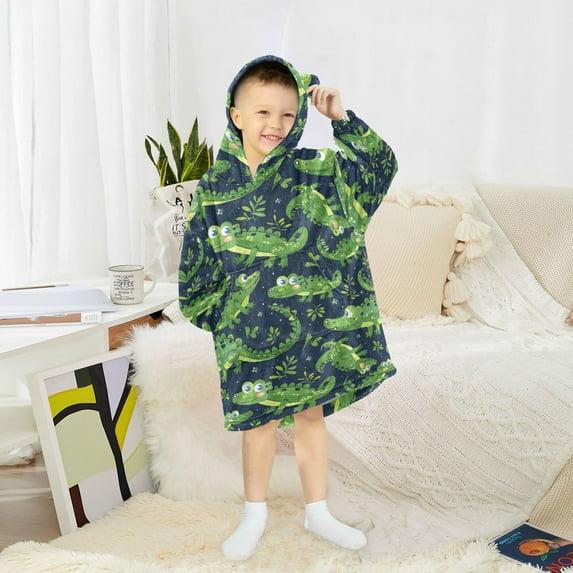 Dailycode Wearable Blanket Hoodie Oversized Sherpa Flannel Blankets with Pocket for 3-14 Year Old Crocodile and Leaf