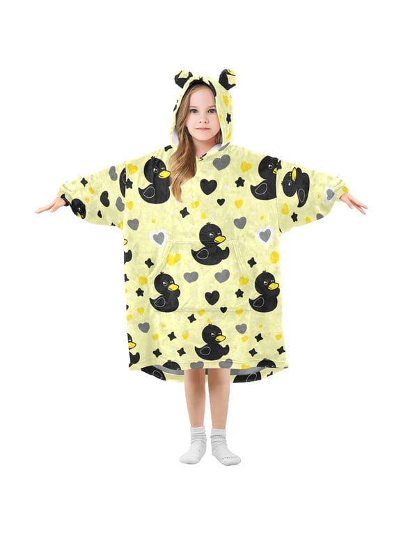 Wearable Blanket Hoodie Oversized Sherpa Flannel Blankets with Pocket for 3-14 Year Old Cute Black Duck