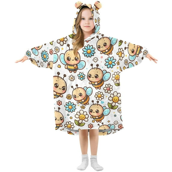 Dailycode Wearable Blanket Hoodie Oversized Sherpa Flannel Blankets with Pocket for 3-14 Year Old Cute Cartoon Bee