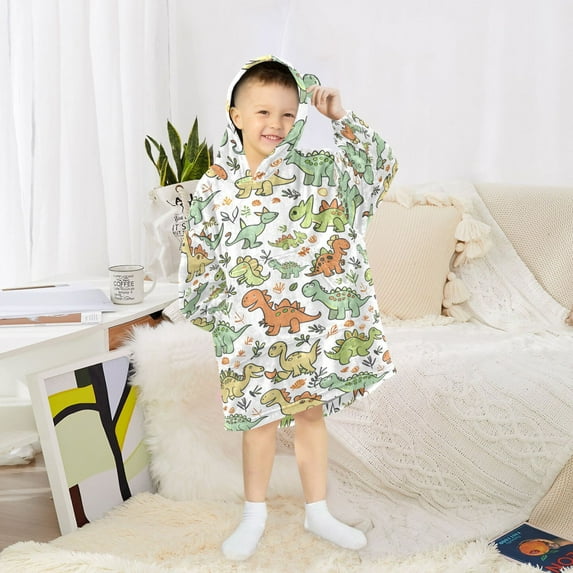 Dailycode Wearable Blanket Hoodie Oversized Sherpa Flannel Blankets with Pocket for 3-14 Year Old Cute Cartoon Dinosaurs Leaf