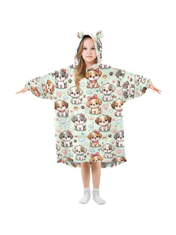 Wearable Blanket Hoodie Oversized Sherpa Flannel Blankets with Pocket for 3-14 Year Old Cute Dog Paw Heart Cloud