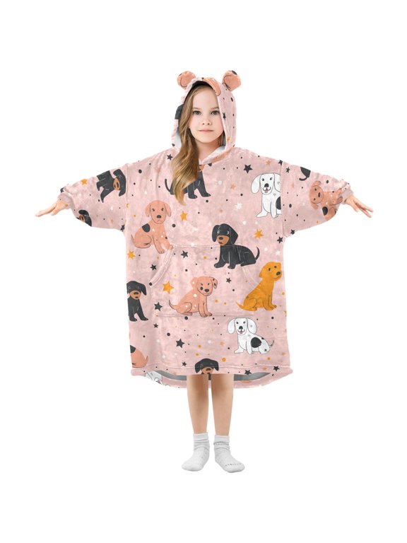 Wearable Blanket Hoodie Oversized Sherpa Flannel Blankets with Pocket for 3-14 Year Old Cute Dogs and Star