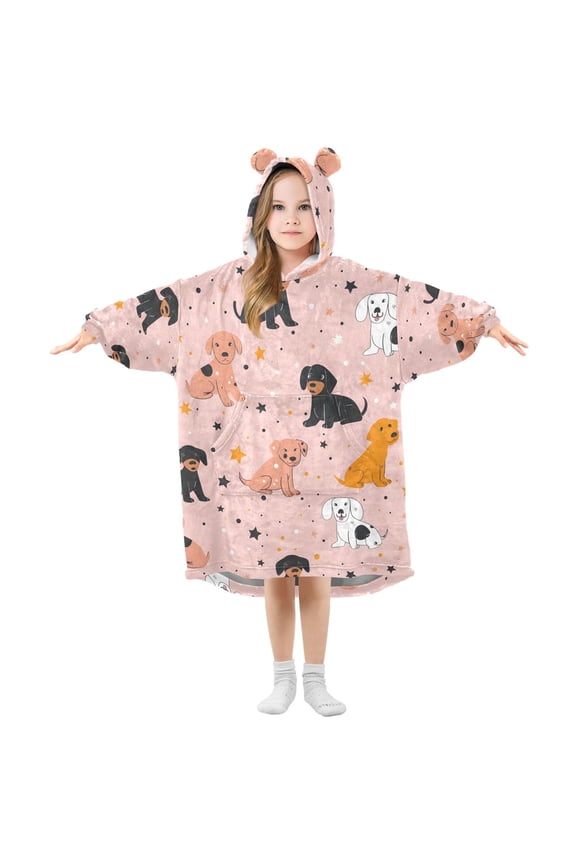 Wearable Blanket Hoodie Oversized Sherpa Flannel Blankets with Pocket for 3-14 Year Old Cute Dogs and Star