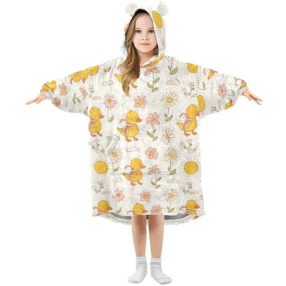 Dailycode Wearable Blanket Hoodie Oversized Sherpa Flannel Blankets with Pocket for 3-14 Year Old Cute Duck Flower Sun