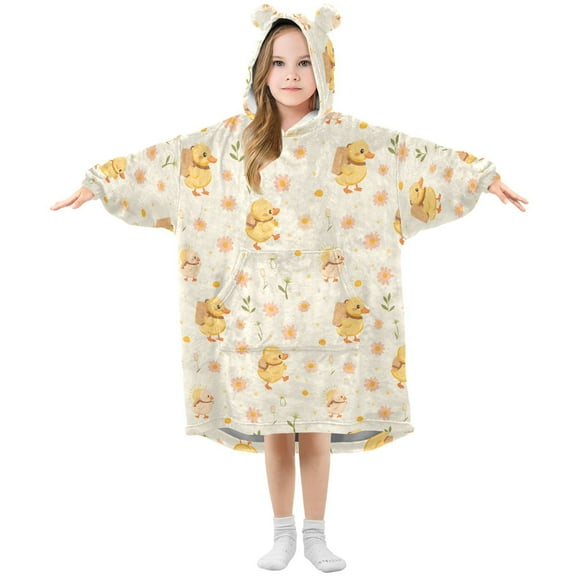Dailycode Wearable Blanket Hoodie Oversized Sherpa Flannel Blankets with Pocket for 3-14 Year Old Cute Duck with Backpack