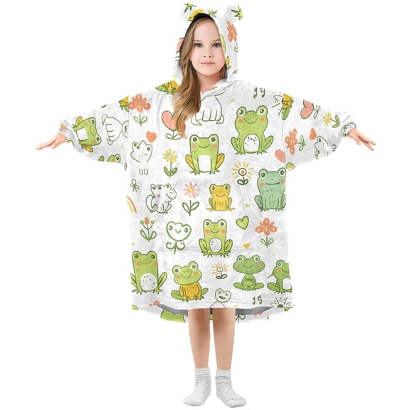 Dailycode Wearable Blanket Hoodie Oversized Sherpa Flannel Blankets with Pocket for 3-14 Year Old Cute Frog Flower Line
