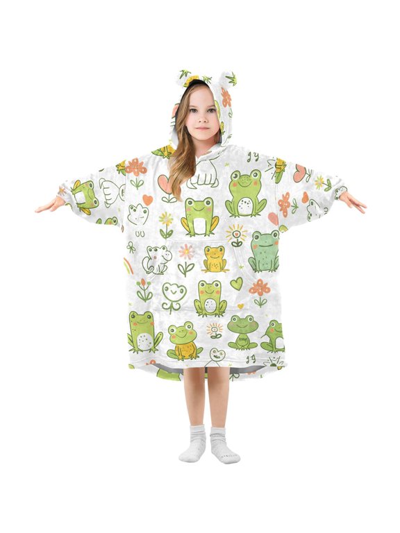 Wearable Blanket Hoodie Oversized Sherpa Flannel Blankets with Pocket for 3-14 Year Old Cute Frog Flower Line