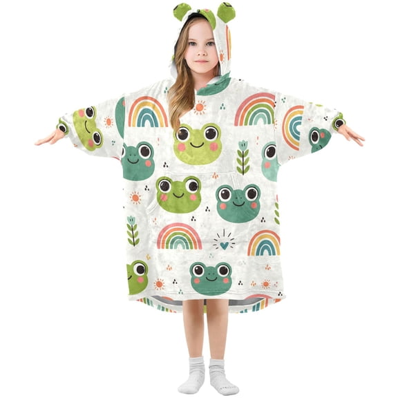 Dailycode Wearable Blanket Hoodie Oversized Sherpa Flannel Blankets with Pocket for 3-14 Year Old Cute Frog Head and Rainbow