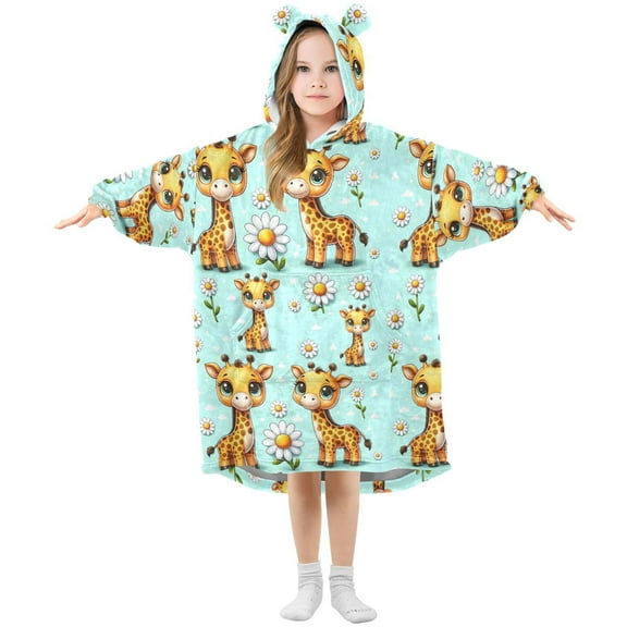 Dailycode Wearable Blanket Hoodie Oversized Sherpa Flannel Blankets with Pocket for 3-14 Year Old Cute Giraffe and Daisy