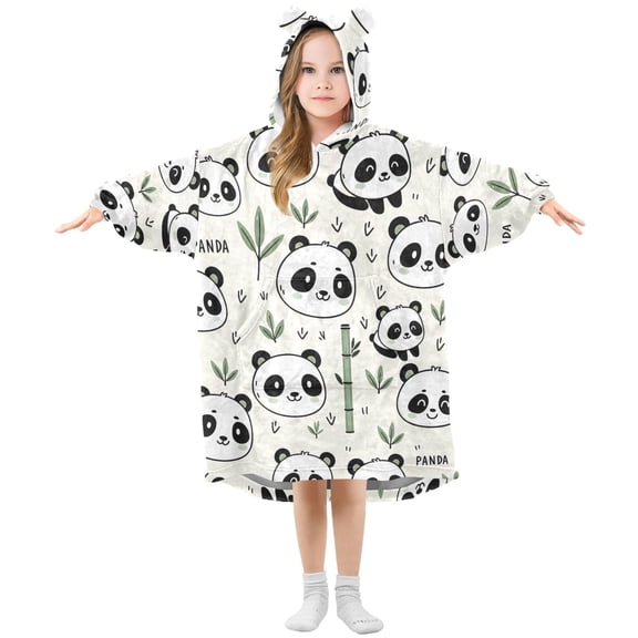 Dailycode Wearable Blanket Hoodie Oversized Sherpa Flannel Blankets with Pocket for 3-14 Year Old Cute Panda Face and Bamboo