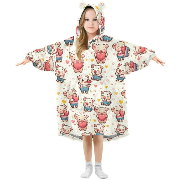 Dailycode Wearable Blanket Hoodie Oversized Sherpa Flannel Blankets with Pocket for 3-14 Year Old Cute Pig with Heart