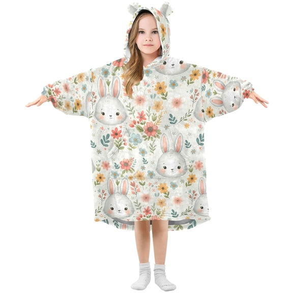 Dailycode Wearable Blanket Hoodie Oversized Sherpa Flannel Blankets with Pocket for 3-14 Year Old Cute Rabbit Face and Flowers