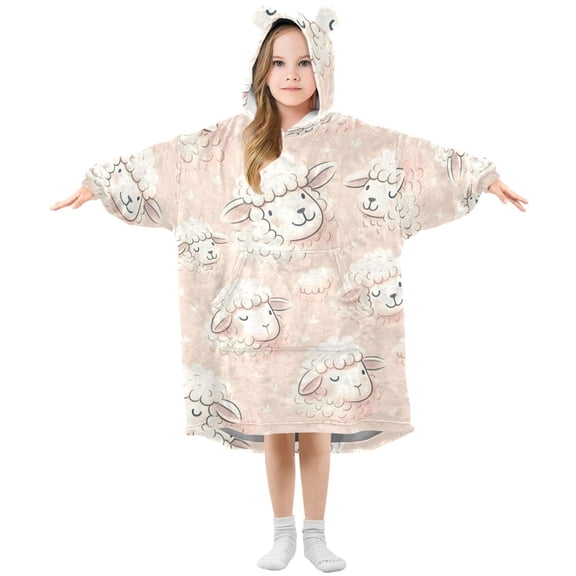 Dailycode Wearable Blanket Hoodie Oversized Sherpa Flannel Blankets with Pocket for 3-14 Year Old Cute Sheep Head
