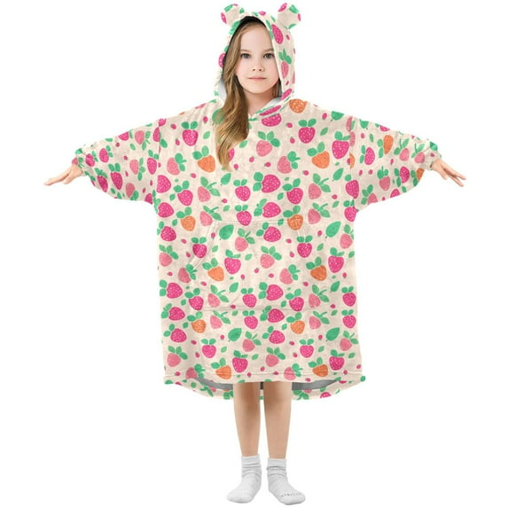 Dailycode Wearable Blanket Hoodie Oversized Sherpa Flannel Blankets with Pocket for 3-14 Year Old Cute Strawberry