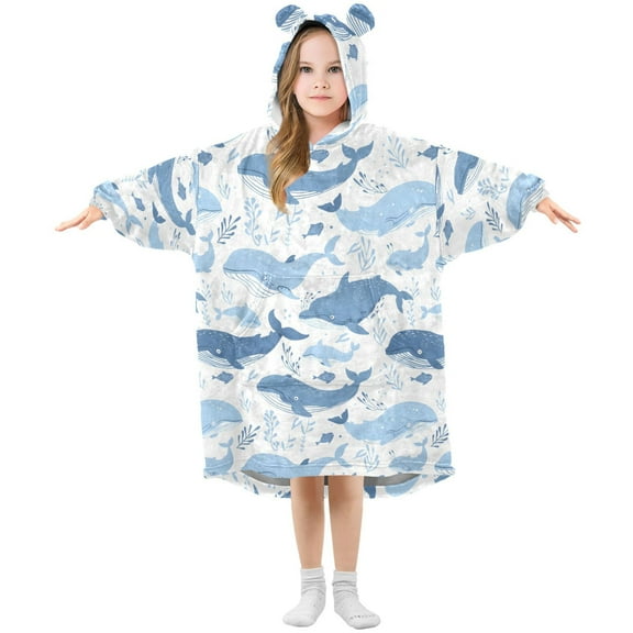 Dailycode Wearable Blanket Hoodie Oversized Sherpa Flannel Blankets with Pocket for 3-14 Year Old Different Whales and Leaf