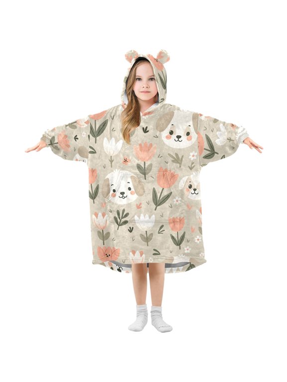 Wearable Blanket Hoodie Oversized Sherpa Flannel Blankets with Pocket for 3-14 Year Old Dog Head and Tulip Flowers