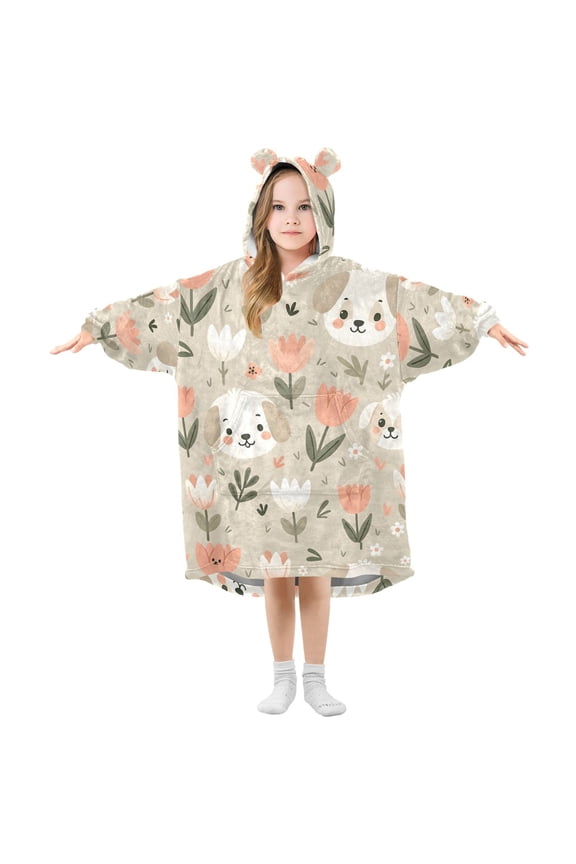 Wearable Blanket Hoodie Oversized Sherpa Flannel Blankets with Pocket for 3-14 Year Old Dog Head and Tulip Flowers
