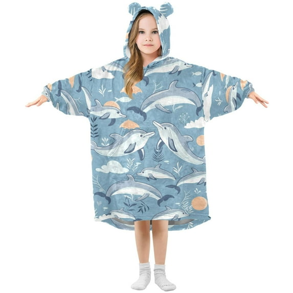 Dailycode Wearable Blanket Hoodie Oversized Sherpa Flannel Blankets with Pocket for 3-14 Year Old Dolphins Cloud Leaf