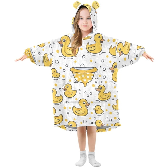 Dailycode Wearable Blanket Hoodie Oversized Sherpa Flannel Blankets with Pocket for 3-14 Year Old Duck and Bubbles