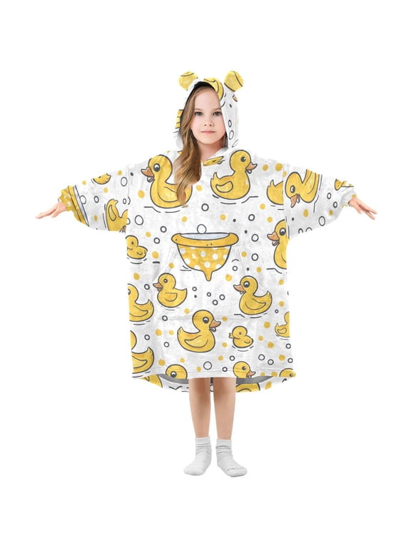 Wearable Blanket Hoodie Oversized Sherpa Flannel Blankets with Pocket for 3-14 Year Old Duck and Bubbles