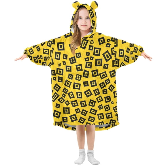 Dailycode Wearable Blanket Hoodie Oversized Sherpa Flannel Blankets with Pocket for 3-14 Year Old Fall Squares