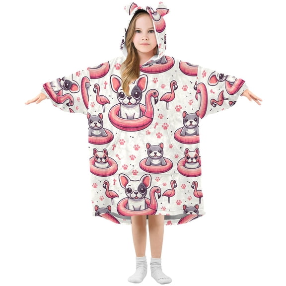 Dailycode Wearable Blanket Hoodie Oversized Sherpa Flannel Blankets with Pocket for 3-14 Year Old French Bulldog Flamingo Paw