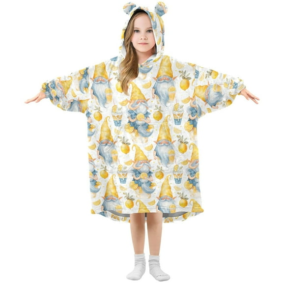 Dailycode Wearable Blanket Hoodie Oversized Sherpa Flannel Blankets with Pocket for 3-14 Year Old Gnomes and Lemon