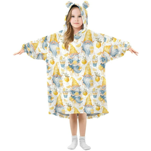 Dailycode Wearable Blanket Hoodie Oversized Sherpa Flannel Blankets with Pocket for 3-14 Year Old Gnomes and Lemon