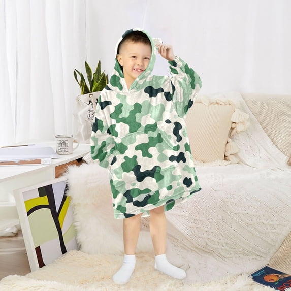 Dailycode Wearable Blanket Hoodie Oversized Sherpa Flannel Blankets with Pocket for 3-14 Year Old Green Camouflage Shapes