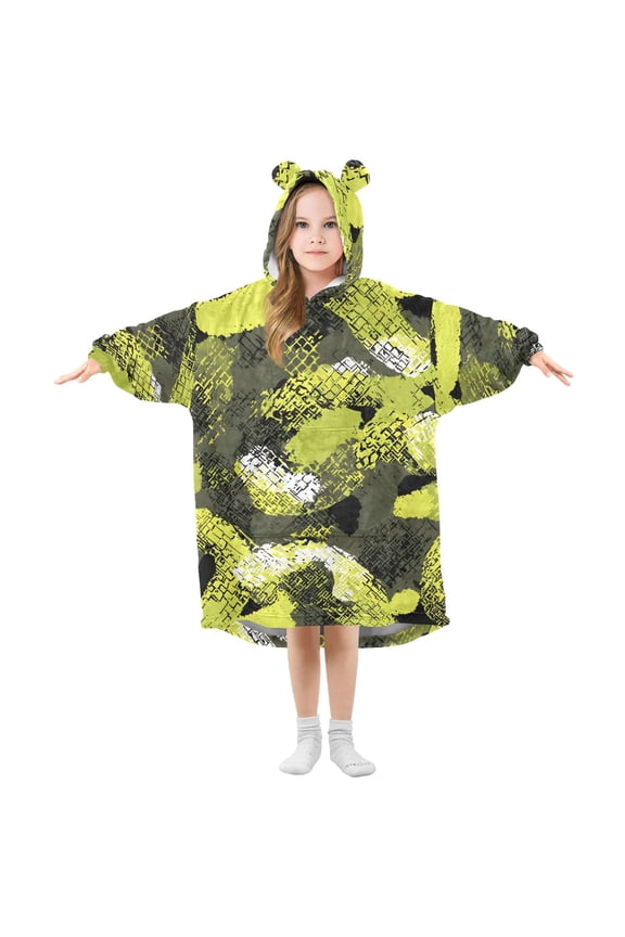 Wearable Blanket Hoodie Oversized Sherpa Flannel Blankets with Pocket for 3-14 Year Old Green Snake_skin