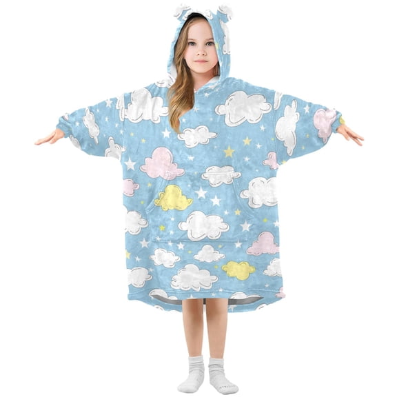 Dailycode Wearable Blanket Hoodie Oversized Sherpa Flannel Blankets with Pocket for 3-14 Year Old Hand Drawn Cloud Star