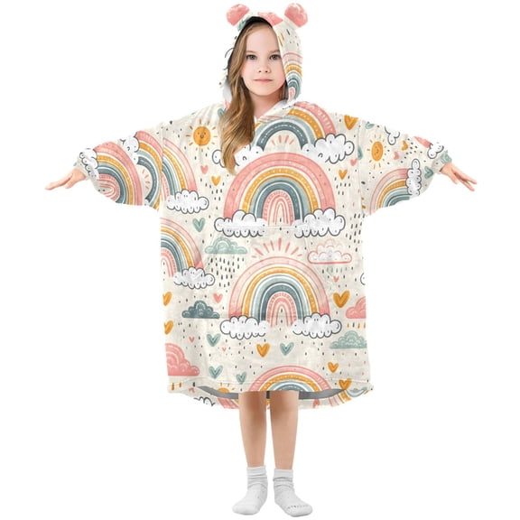 Dailycode Wearable Blanket Hoodie Oversized Sherpa Flannel Blankets with Pocket for 3-14 Year Old Hand Drawn Rainbow Rain Cloud