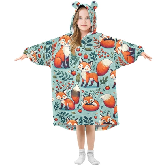Dailycode Wearable Blanket Hoodie Oversized Sherpa Flannel Blankets with Pocket for 3-14 Year Old Happy Foxes Leaf Berry