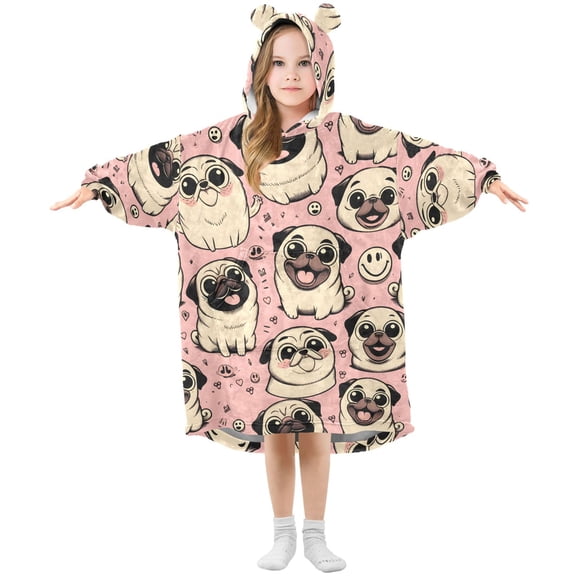 Dailycode Wearable Blanket Hoodie Oversized Sherpa Flannel Blankets with Pocket for 3-14 Year Old Happy Pug Dog