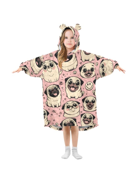 Wearable Blanket Hoodie Oversized Sherpa Flannel Blankets with Pocket for 3-14 Year Old Happy Pug Dog