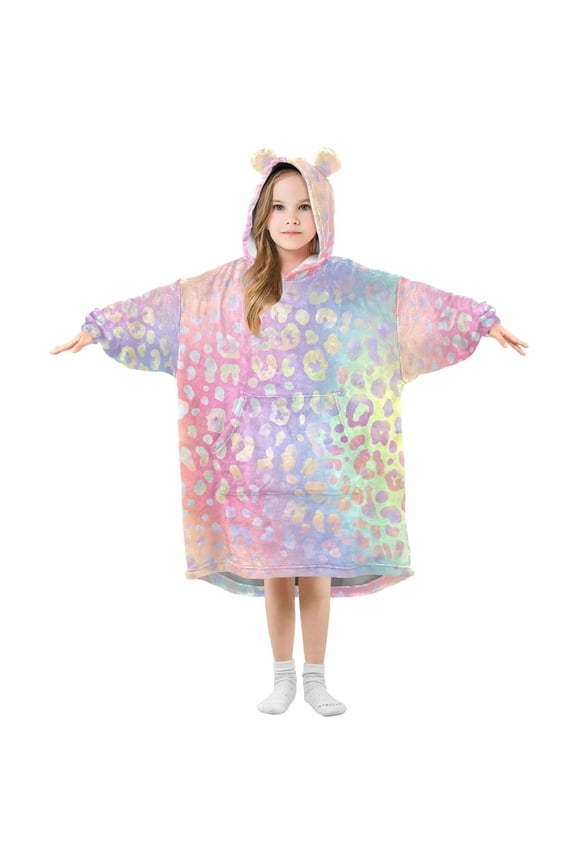 Wearable Blanket Hoodie Oversized Sherpa Flannel Blankets with Pocket for 3-14 Year Old Iridescent Rainbow Leopard Skin