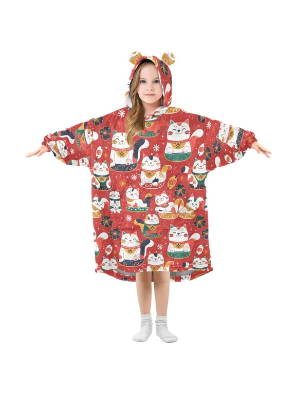 Wearable Blanket Hoodie Oversized Sherpa Flannel Blankets with Pocket for 3-14 Year Old Japanese Lucky Cats