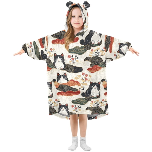 Dailycode Wearable Blanket Hoodie Oversized Sherpa Flannel Blankets with Pocket for 3-14 Year Old Japanese Maneki-neko Cats