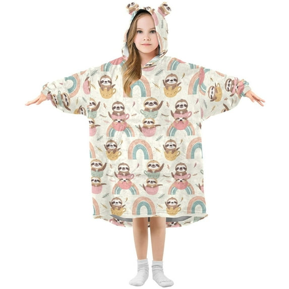 Dailycode Wearable Blanket Hoodie Oversized Sherpa Flannel Blankets with Pocket for 3-14 Year Old Koala Cup Rainbow