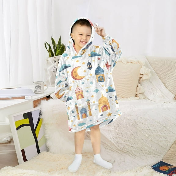 Dailycode Wearable Blanket Hoodie Oversized Sherpa Flannel Blankets with Pocket for 3-14 Year Old Lantern Star Tower Moon