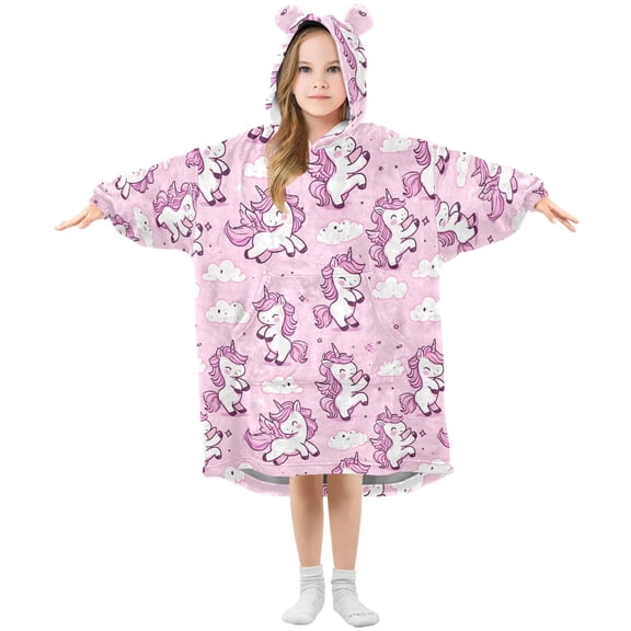 Dailycode Wearable Blanket Hoodie Oversized Sherpa Flannel Blankets with Pocket for 3-14 Year Old Lively Unicorn and Cloud